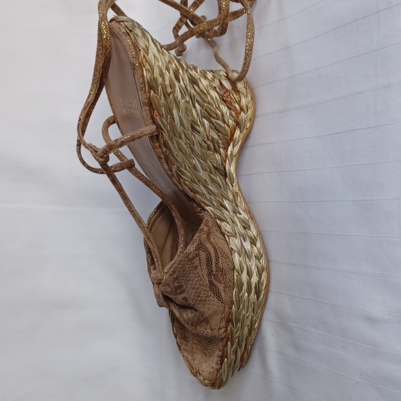 Stuart Weitzman Metallic Gold Espardrille Ankle Wrap Wedges- Sz. 7 - Picture 5 of 13
